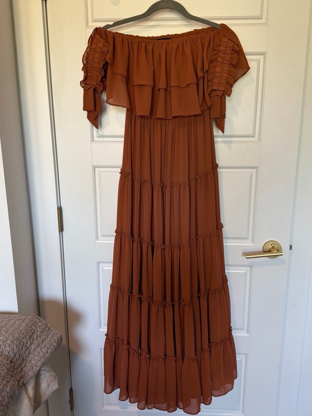 Lulu's Rust Off-Shoulder Tiered Maxi Dress